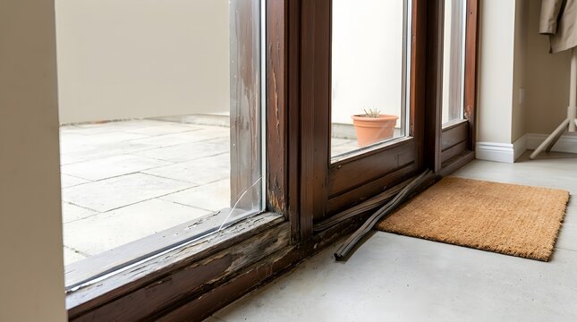 Damaged sliding patio door frame with cracked glass and seal