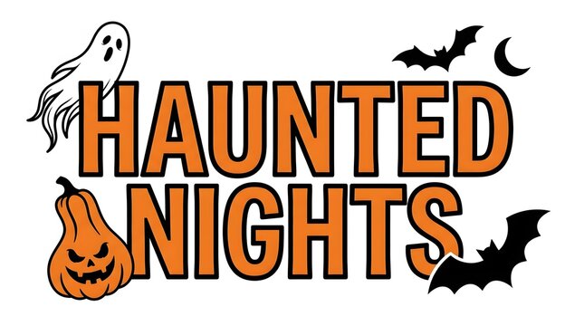 Haunted nights halloween typography with ghost pumpkin bat and moon elements