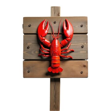 A wooden sign featuring a red lobster illustration