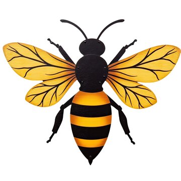 Close-up of a yellow and black striped bee with black wings, photographed in its natural habitat
