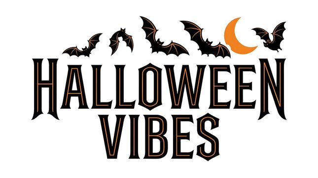 Halloween vibes typography with spooky bats and crescent moon illustration