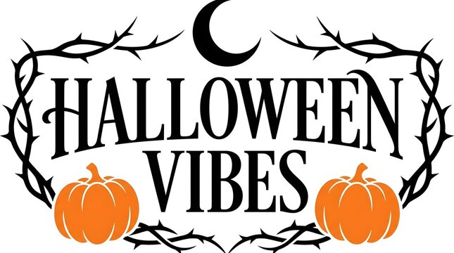 Festive halloween graphic with pumpkins crescent moon and decorative thorny frame