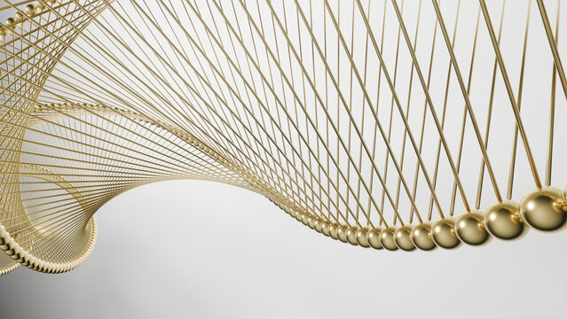 Gold abstract helix bead curve line, flowing geometric wave with metallic sphere pattern on clean gray background