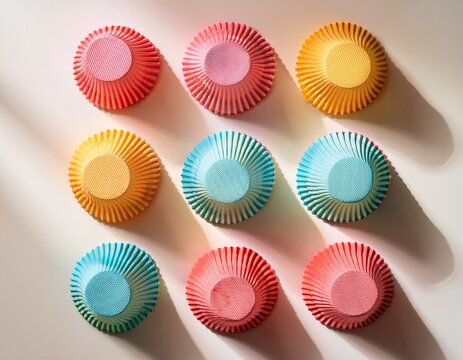 nine colorful ruffled paper baking cups arranged in a 3x3 grid on a light background vibrant pastel hues and playful shadows