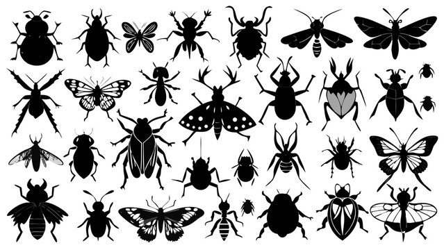 Vector Butterfly Silhouette Collection with Floral Leaves, Insects and Ornamental Elements for Seamless Pattern, Nature Illustration and Decorative Design