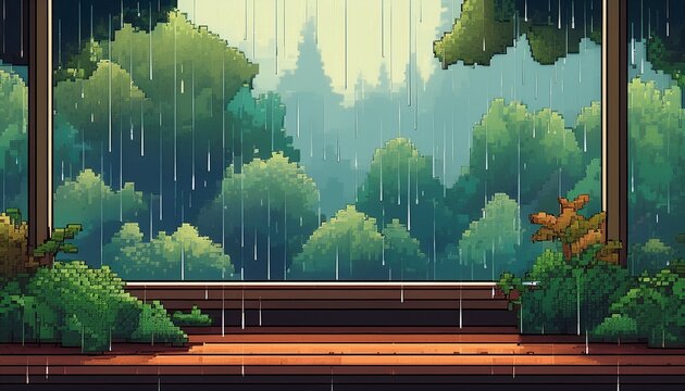 pixel art of rain falling on a window with a blurred forest background atmospheric and serene mood