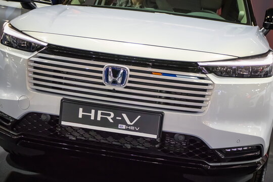 Poznan, Poland - April 26, 2025: Poznan Motor Show. Front of Honda HR-C. Detail of vehicle