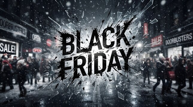 Chaotic Black Friday Sale Scene with Shattered Glass Effect and Crowded Shopping Street at Night