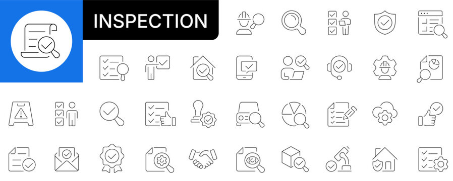 Inspection and quality control line icon set. Audit evaluation, document verify, home and car checkup outline symbols. Editable stroke.