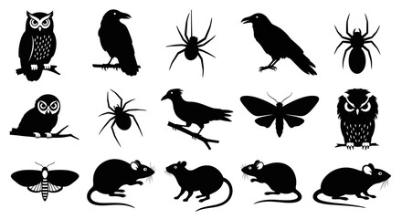 Halloween silhouette collection, 15 spooky animal icons, black owl raven spider and rat vector set, gothic nature elements