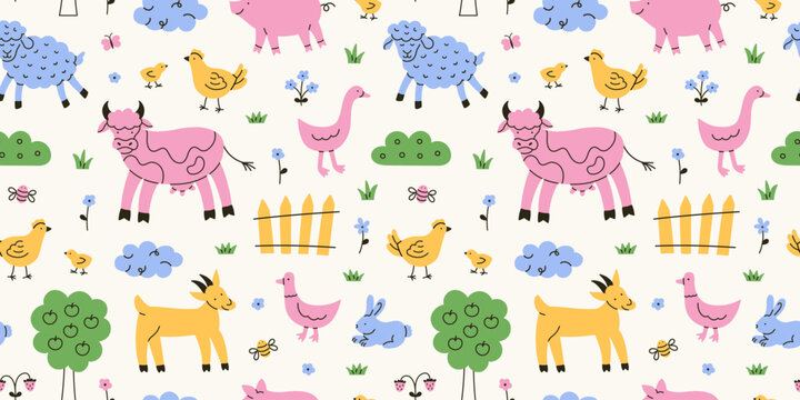 Cute seamless pattern with doodle farm animals. Hand drawn country cow, duck, goose, chicken, sheep, rabbit, goat, pig, flower. Funny domestic animals background. Vector illustration.