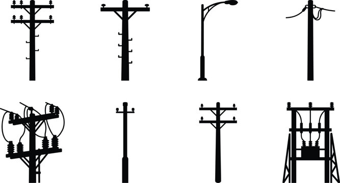Black Utility Pole Silhouette Vector Set for Electricity Distribution and Street Lighting Design