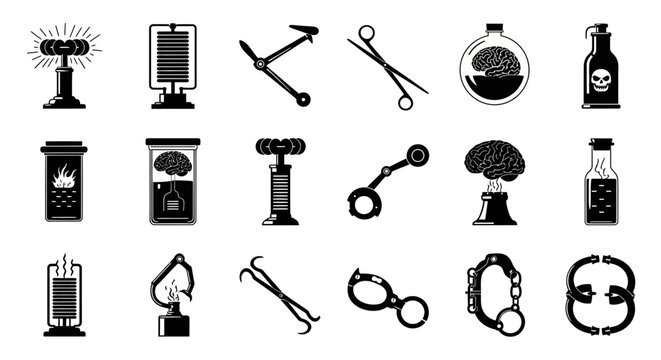 Mad scientist laboratory icons, 18 vintage science experiment vectors, retro medical and chemistry equipment set