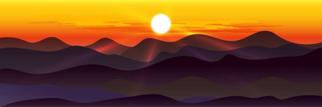 Mountain sunset vector with glowing red orange sun over smoky foggy hills and dramatic sky creating a peaceful scenic landscape background