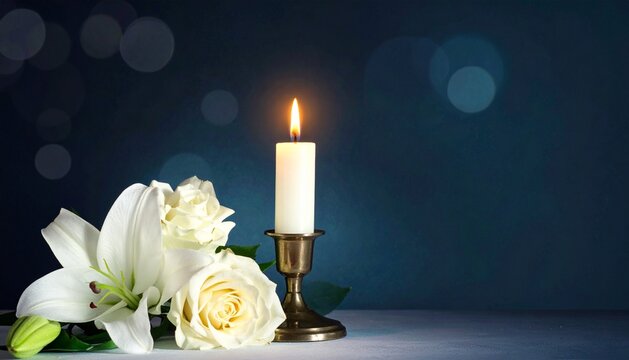 Funeral Condolence Candle and White Floral Arrangement on Moody Blue Background