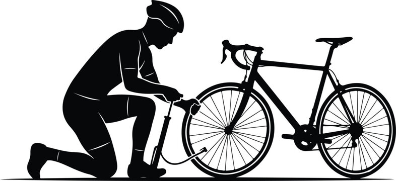 Cyclist kneeling to inflate bicycle tire with mini pump vector illustration
