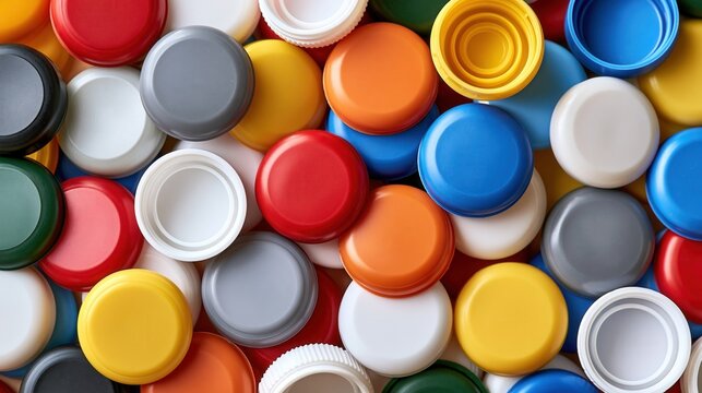 Colorful plastic bottle caps background showing recycling sustainability and plastic waste management concept