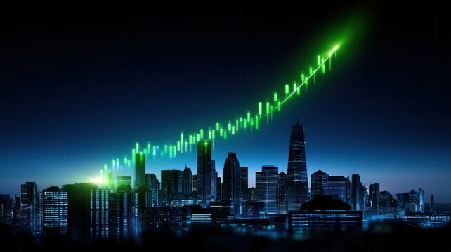 Modern city buildings with an increasing green candlestick chart and line symbolizing financial market progress and investment rise