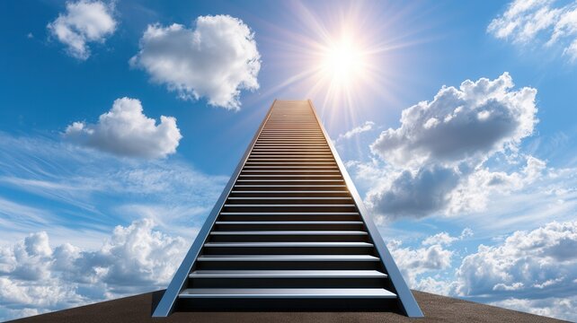 Steps rising towards the sun in a blue sky illustrating a concept of career growth spiritual journey and achieving future dreams