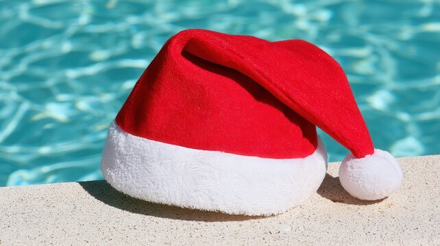 Santa hat resting poolside representing summer holiday travel and warm weather christmas celebrations