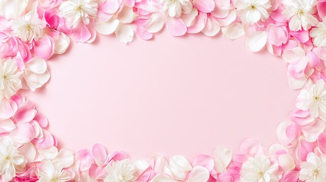 Pink and white flower petals and blossoms creating a gentle frame on a soft pink background for spring greetings