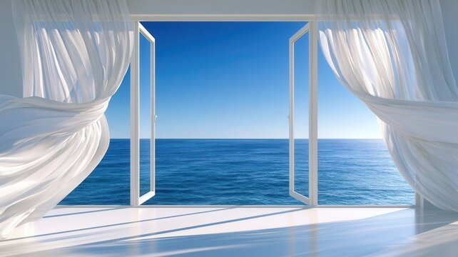 Open window with blowing white curtains overlooking a blue ocean and clear sky inviting fresh air and freedom