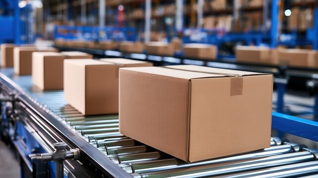 Cardboard boxes are moving along an automated roller conveyor belt system inside a modern warehouse representing efficient shipping and delivery