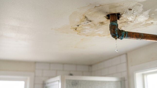 Water leak from ceiling pipe causing damage in bathroom  