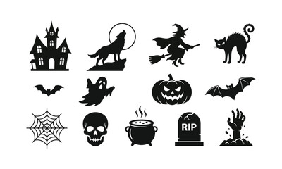 Fototapeta premium A spooky halloween collection featuring haunted houses werewolves witches black cats ghosts pumpkins and other frightening elements