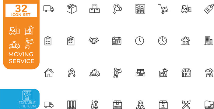 Editable line Vector illustration icon set. Contain icons relaed to Moving house services, packing, loaders, office moving, freight transportation, and more. Editable stroke. Vector  on transparent 