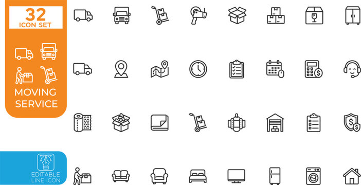 Editable line Vector illustration icon set. Contain icons relaed to Moving house services, packing, loaders, office moving, freight transportation, and more. Editable stroke. Vector  on transparent 