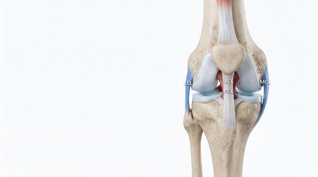 Detailed anatomical illustration of human knee joint ligaments and bones