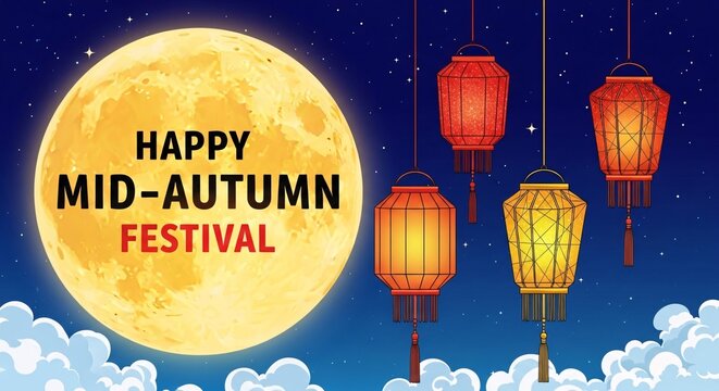 Happy midautumn festival with colorful lanterns and full moon in night sky with clouds