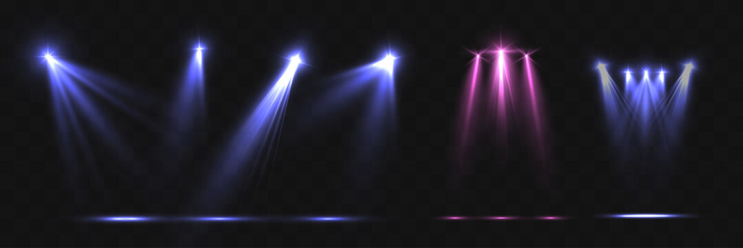 Colorful stage spotlights with blue and pink glowing beams on transparent background