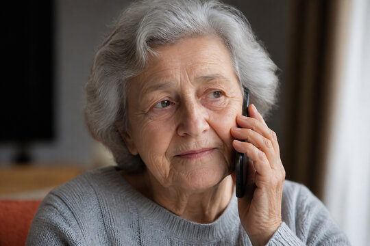 An elderly woman with gray hair is talking on a mobile phone indoors.