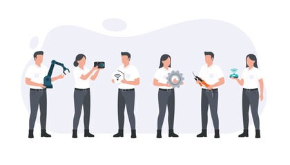 Obraz premium Group of technology engineers in uniform proudly showcase modern robotics and smart connectivity devices together.