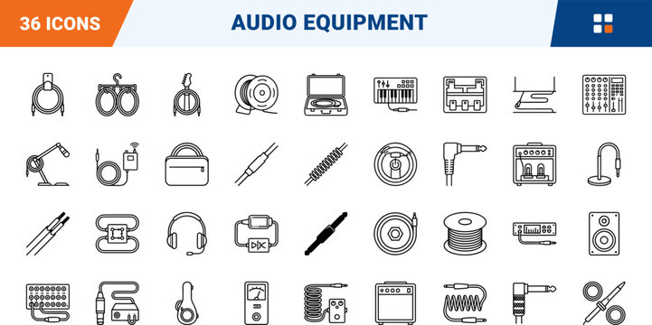 Guitar Cable Coil line icon set. Vector pictograms of instrument, audio, sound, and stage elements, thin linear illustration.