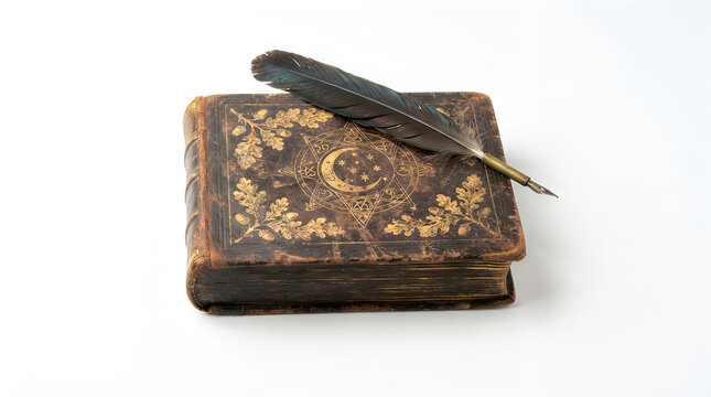 Vintage leather spellbook with feather quill resting on ancient grimoire cover