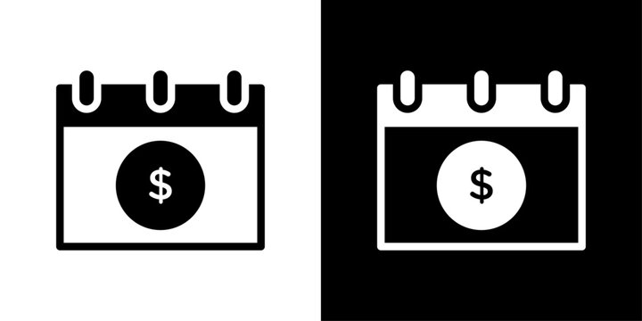 Payment calendar icon with a dollar coin on a date grid, for billing schedule, due date reminder, and financial planning apps
