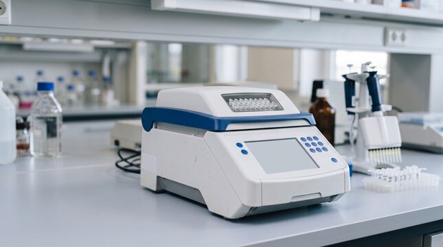 Thermal cycler machine on a laboratory counter with equipment nearby  