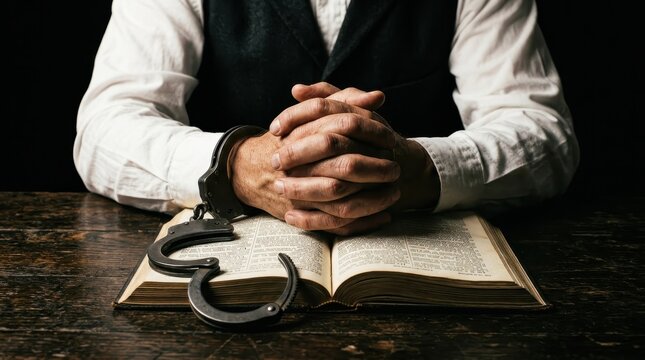 Handcuffed Man Praying with Hands Clasped Over an Open Holy Book, Symbolizing Faith, Crime, and Forgiveness