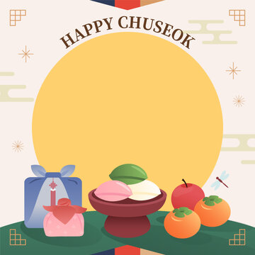 Happy Chuseok background vector illustration. Songpyeon (half moon-shaped rice cake) and Korean gift wrapping, Bojagi