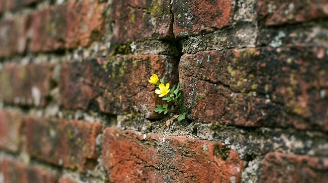 Small Yellow Wildflower Growing Out of Cracks in Old Weathered Brick Wall Demonstrating Resilience and Nature Adapting to Historical Architecture flower brick wall crack growth resilience yellow