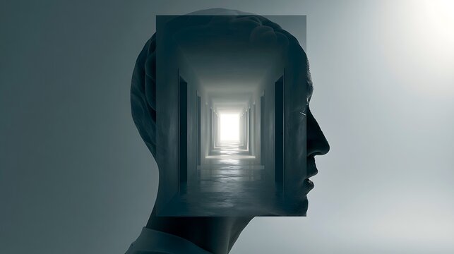 Prompt: A surreal liminal space double exposure. A sharp human head silhouette is filled with an empty, dimly lit modern corridor with repeating doors vanishing into a single white light point 
