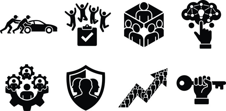 Team Success and Business Solution Vector Icon Set for Corporate Strategy and Collaboration