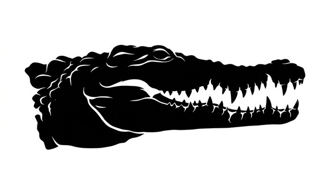 Minimalist black crocodile head silhouette profile isolated against clean white background for graphic design projects with sharp teeth isolated