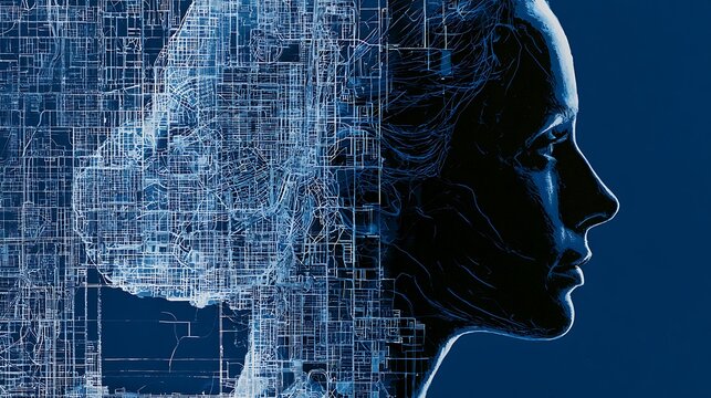 Prompt: A striking structural artwork. A black side-view silhouette is layered with a highly intricate cyanotype blueprint architectural layout of a massive mega-city grid lines. Shot on Phase 