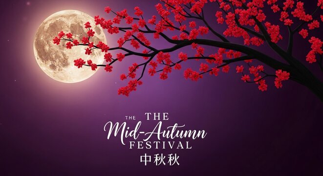 The midautumn festival celebration with a full moon and red flowers on a tree branch against a purple background