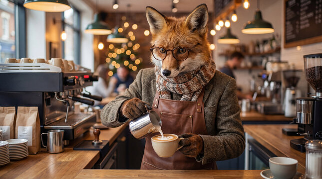 Fox drinking in cafe, creative anthropomorphic lifestyle scene showing animal welfare, responsible care, wellbeing, humane values, education, community awareness, supporting responsible care education