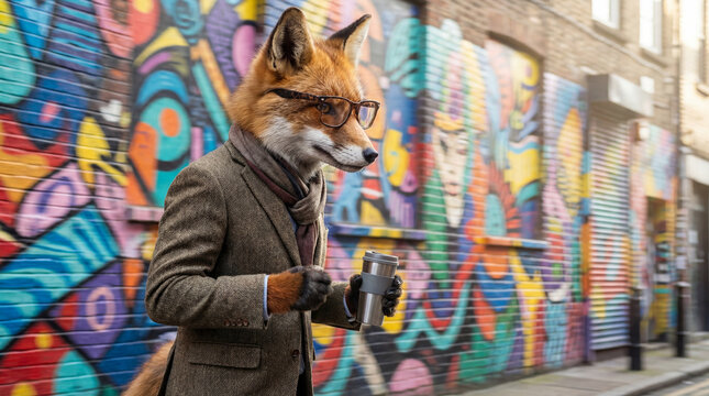 Fox walking in market, creative anthropomorphic lifestyle scene showing animal welfare, responsible care, wellbeing, humane values, education, community awareness, for humane community awareness